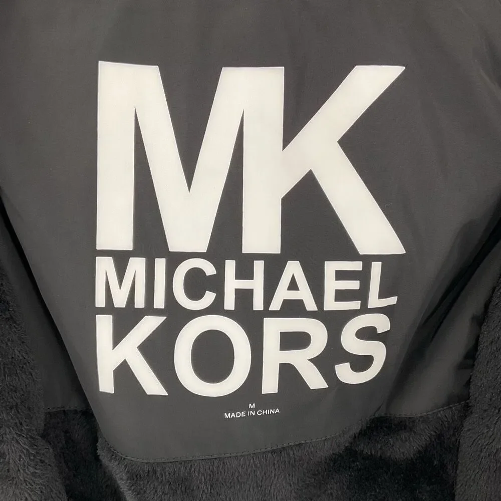 Michael Kors Fleece Lined Hooded‎ Zip Up Jacket Women Medium Black Pockets Warm